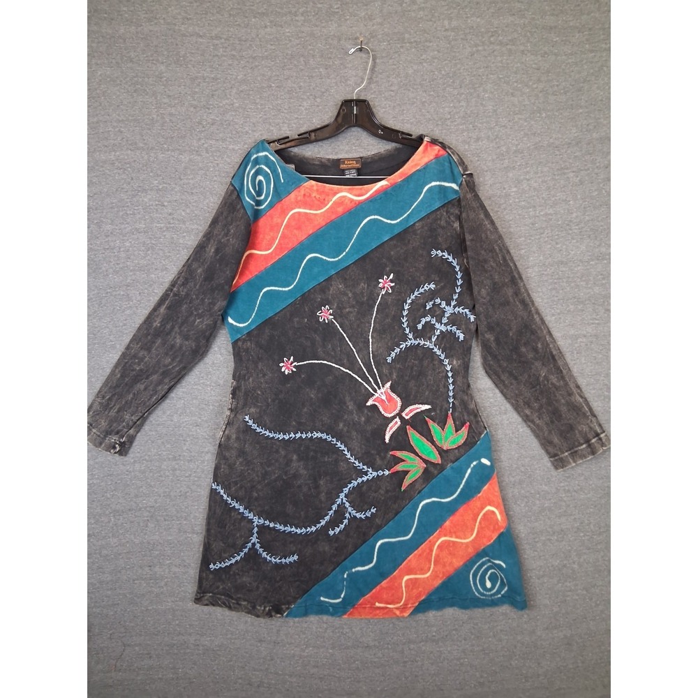 Rising International Dress XL Black Blue Embroidered VTG 90s Boho Hippie Pockets